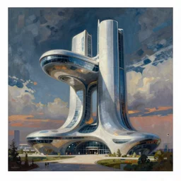 a painting of a building futuristic architectures, by moebius, jean giraud & kilian eng, moebiues style