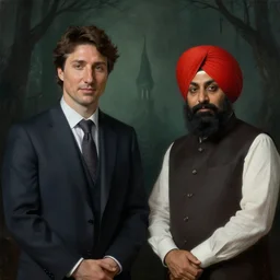 Justin Trudeau with Jagmeet Singh in the american gothic painting, concept art, sharp focus, highly detailed digital painting by Gustave Corbet, artstation