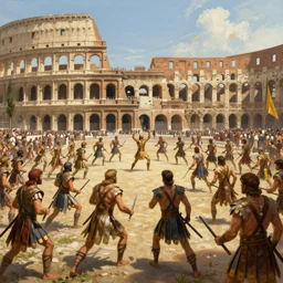 a historical depiction of an epic scene at the roman coliseum filled with dueling gladiators, in the style of greg rutkowski, alphonse mucha, digital painting, unreal engine, extremely detailed masterpiece