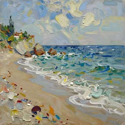 oil paint impasto relief, beautiful italian beach scene, rough sea, multi layered thick brush marks, some splattered paint, in the style of ivan shishkin and frank auerbach and van gogh