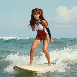 iphone HDR photo of beautiful Asuka Langley from evangelion as a surfer in Florida, 35mm, cinematic, trending on Instagram, Asuka as a surfer model