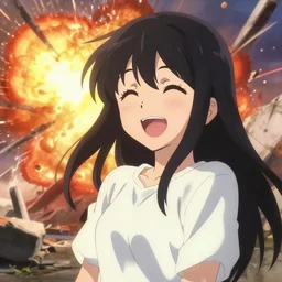 A beautiful smiling anime girl with black hair and hime cut watches with laughter after the state of Florida is destroyed in an explosion, anime key visual, digital art, anime screenshot, kyoto animation, makoto shinkai, trending on artstation