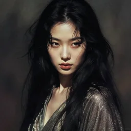 portrait of gorgeous korean girl of the feywilds, beautiful face, strong line, muted colors, shimmering clothing, moody lighting, high contrast, by brom, by john anster fitzgerald, by frank frazetta