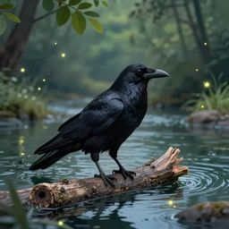 a large black raven, standing on a floating log in the middle of a river, leafy foliage on the river banks, at night with fireflies floating about, digital art, award winning trending on artstation