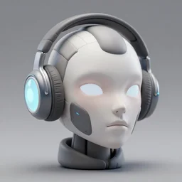 a glossy claymodel of a tribal futurism robot head with glowing headphones, 8 k, symetrical, flourescent colors, halluzinogenic, multicolored, very detailed, black background, 3 d render,