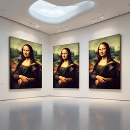 interior futuristic art gallery wide angle highly detailed by santiago calatrava, three wall hanging paintings famous pieces by da vinci!, captivating 8 k hdr, octane render godrays hyperrealism