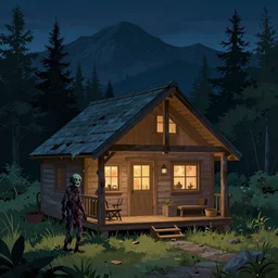 horror artwork, a zombie outside a cozy cabin in the mountain, at night, by michael whelan, clean