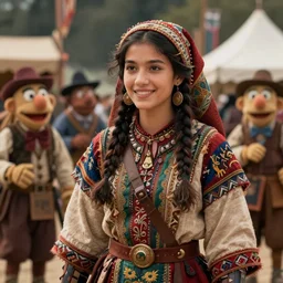 detailed ultrarealistic photography medium shot of dnd fantasy festival ethnic rustic girl warrior in muppet show cloth, leyendecker, norman rockwell, greg rutkowski, jim henson artstation cinematic, vray