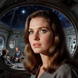 close face portrait of Mila Kunis exploring the inside inside of a derelict space ship, stars and nebula through large windows, 1970, Ludek Pesek, Rick Guidice, Chesley Bonestell, Lucien Rudaux, Rolf Klep, Fred Freeman, George Pal
