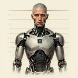 A mugshot of a criminal, augmented cyborg, matte sketch, by Beeple, Gustave Dore, Artstation, CGsociety