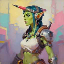 greg manchess portrait painting of a beautiful female dieselpunk orc as an overwatch character, medium shot, asymmetrical, profile picture, organic painting, sunny day, matte painting, bold shapes, hard edges, street art, trending on artstation, by huang guangjian and gil elvgren and sachin teng