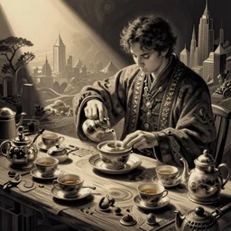 synthwave tea ceremony, intricate illustration by tim doyle