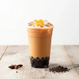 thai tea boba on a rustic table with white background hd photograph
