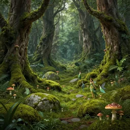 ancient forest, faeries, moss landscape, lush, mushrooms, stones, mysterious, intricate, hyper detailed, artstation, concept art, smooth, sharp focus, ray tracing, vibrant, photorealistic, albert bierstadt