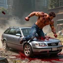 mortal kombat 1 1 gameplay footage of a denim audi a 4 b 6 avant ( 2 0 0 2 ) performing a brutality by running a fighter over gruesomely, blood, gibs, blood splatter