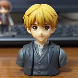 a collectible figurine of rupert grint as ron weasley, head and shoulders, figma, beautiful, detailed, very expensive, expressive, realistic, good lighting, amazing quality, anime style, on the table, photo,