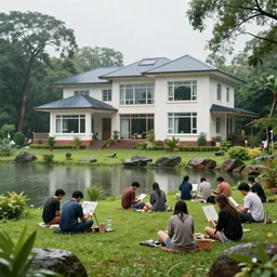 a crowd of artists in a beautiful soviet house with large windows and garden, on a lake, surrounded by trees and rocks, monsoon in central india, 1 9 9 0 s, by alex webb, by gregory crewdson, featured on architecture daily, shot on large format film, grainy, cinematic composition, beautiful volumetric lighting, no frames