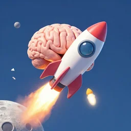 a brain riding on a colorful rocket blasting off to the moon, digital art