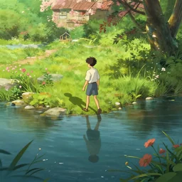 a wholesome cottagecore illustration of a man walking on the backs of a river with his shadow flowing behind, studio Ghibli, Pixar and Disney animation, sharp, Rendered in Redshift and Unreal Engine 5 by Greg Rutkowski, Bloom, dramatic lighting