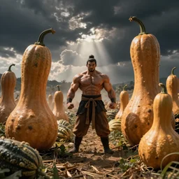 xianxia bodybuilder in a field of giant gourds