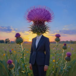 giant thistle flower as a head, girl in suit in field of flowers, surreal photography, sunrise, blue sky, dramatic light, impressionist painting, digital painting, artstation, simon stalenhag