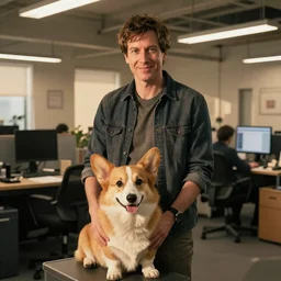 slim Eric Wareheim with a corgi in an office, hyperrealistic, RPG portrait, ambient light, dynamic lighting, golden hour