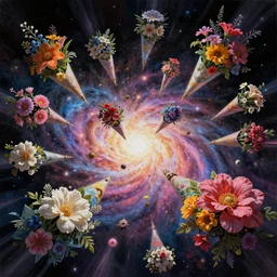 An epic fantastic realism comic book style painting of the most beautiful flowers launched into space, many small bouquets, glorious galactic collision, fisheye, unreal 5, DAZ, hyperrealistic, octane render, dynamic lighting