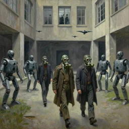 drab workers wearing gas masks walking along cloisters, watched by fascist robots, drones with eyes,, silhouettes in windows, brutalist courtyard, dystopian, pj crook, edward hopper, oil on canvas