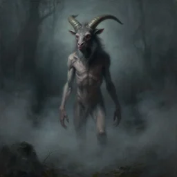 a creepy atmospheric painting of a slender humanoid minotaur creature emerging from the mist. painting by greg rutkowski and hr giger.