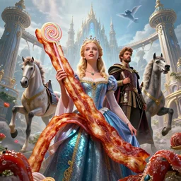 by artgerm and agostino arrivabene, visually stunning, cinematic, ultra realistic, hyper realism, 1 2 k, epic, octane render, unreal engine, vfx, maya, chaotic portrait of a princess, bacon and licorice, royal hound, tart guard, skybridge towers, gifted aetherborn, returned centaur, mermaid