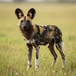 an african wild dog on the african plains, friendly, long grass, sparkling water, glistening, hyper realistic, hyper detailed, digital art, trending in artstation, cinematic lighting, studio quality, smooth render, unreal engine rendered, octane rendered, by paul lehr