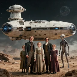 highly detailed, 64777216k film still from a sci fi blockbuster color movie made in 2019, set in 1860, of a family standing in front of a spaceship that has just landed on an alien planet, a humanoid alien creature stands nearby, the family are all wearing 1860s era clothes, in focus, good lighting, good photography, ultra high definition
