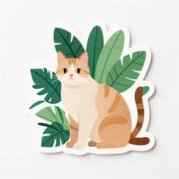 cat and tropical plant illustration vinyl sticker, one sticker, single sticker, vinyl sticker, sticker, sharp clear focus, high quality, studio lighting, trending on instagram, sigma 8 5 mm f / 1. 4