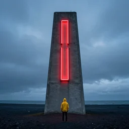 a concrete tower on a icelandic beach, big red neon sign, a small character wearing a yellow hoodie standing in the front, cloudy day, blue hour, by simon stalenhag, by greg rutkowski, cinematic, dramatic light concept art, matte painting, tranding on artstation, dystopia