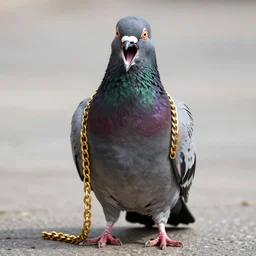 a portrait of a gangster pigeon, screaming, gold chains, bold natural colors, national geographic photography, masterpiece, 8 k, raw, unedited, symmetrical balance