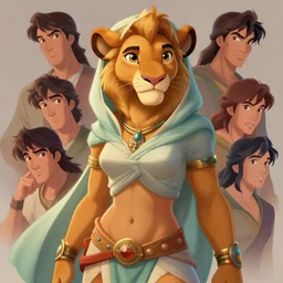 beautiful portrait of a female anthropomorphic lioness fursona dressed as an arabian concubine. exposed midriff and visible abs. character design by disney, charlie bowater, ross tran, artgerm, and makoto shinkai, detailed, soft lighting, rendered in octane
