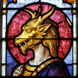 side - view portrait of villentretenmerth, the head of a golden dragon, 1 0 th century stained glass window, masterful