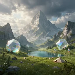 beautiful render of an alien landscape, iridescent tesseracts, geometric shapes, fractals, glass, unreal engine, first light, majestic mountains, lake, lush grass, dramatic clouds, encampment, soft light, by greg rutkowski, cgsociety