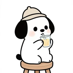 a comic dog with large eyes wearing a tiny hat is sitting on a stool and drinking a cup of coffee, a large fire with high flames in the background, digital art, trending on artstation