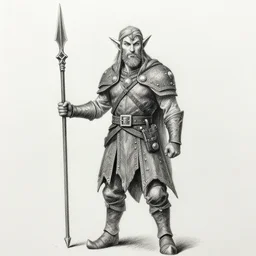 elf ranger, character, dungeons and dragons, pencil art, high quality, holding a spear