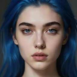 hd photograph of a pretty girl with blue hair, thick black eyebrows, anatomically correct, close up portrait, skin texture, in the style of ilya kuvshinov, dramatic lighting, intricate, elegant, highly detailed, lifelike, photorealistic, digital painting, bokeh, hdr, high resolution, unsplash, smooth, sharp focus, art by krenz cushart and albert aublet