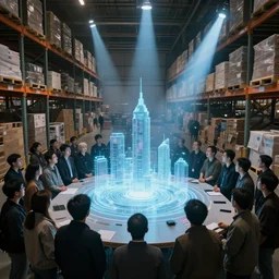 large group people in a huge warehouse, gathered around a hologram of futuristic city on a table | cinematic concept art | godrays | 4 k | clear details