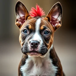 a bull terrier puppy with a red mohawk, realistic, canon eos r 3, f / 1. 4, iso 2 0 0, 1 / 1 6 0 s, 8 k, raw, unedited, symmetrical balance, in - frame