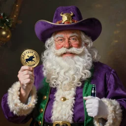 Uncle Aloysius SNAKEOIL brand Santa SIPTECH petroleum vitamin christmas cowboy corporate kitsch promotion, purple green color scheme, edible bull run token sponsored by UNCO