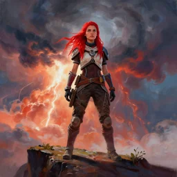 portrait of aloy from horizon zero dawn standing on a cliff with massive thunderclouds looming in the distance, long loose red hair, intense colors, visible paint, by loish, by wlop, by nixeau