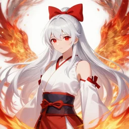 fujiwara no mokou, an immortal young tomboyish female phoenix fire pyromancer with red eyes and long flowing silver white hair tied topped with red bow, wearing sarashi under thin red suspenders supporting baggy red sashinuki hakama pants decorated with ofudas, 4 k beautiful detailed touhou illustration by artgerm, wlop, james jean, andrei riabovitchev, marc simonetti, yoshitaka amano, artstation, cgsociety