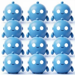 12 small blue robots with cute smiling faces and bright white eyes looking at the camera. The robots are arranged in a grid