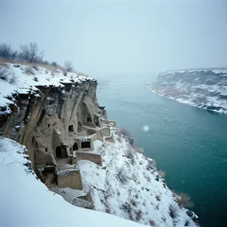 photo of green river, wyoming, native american cliff dwellings, covered in ice and snow, during a snowstorm. a horse appears as a hazy silhouette in the distance. cold color temperature. blue hour morning light, snow storm. hazy atmosphere. humidity haze. kodak ektachrome, greenish expired film, award winning, low contrast.