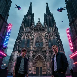a gothic cathedral dan mumford and josan gonzalez and simon stalenhag, cyberpunk, police drones, neon signs