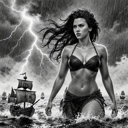 muscular scarlett johansson as wind elemental god, in the rough sea, tiny pirate ships in water, thunderstorm with lightning, pencil and ink, afro samurai anime style, black and white, dramatic lighting, soaking wet, heavy rain!